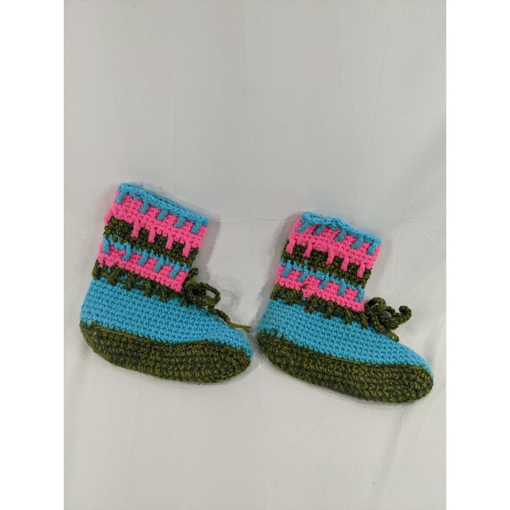Vintage Handmade 70s crochet knit house slippers socks Booties Bright Retro 8"
